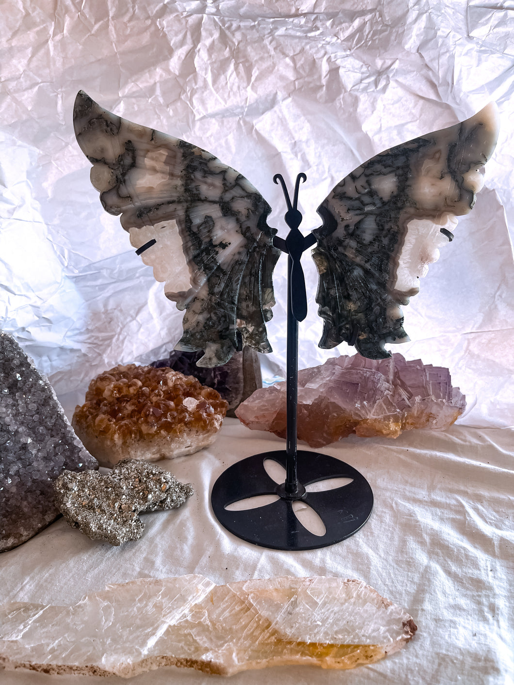 Moss Agate Butterfly with Stand
