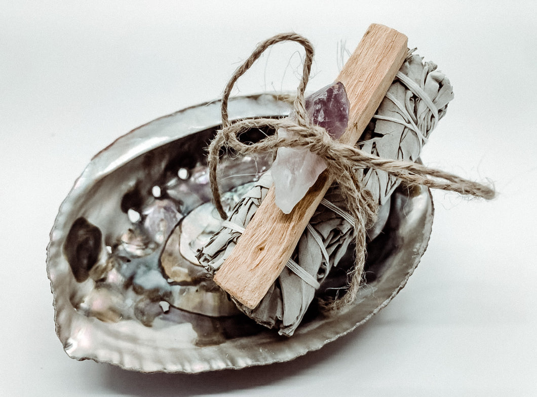 Smudge Bundle White Sage, Palo Santo, & Abalone Shell with Crystal Set